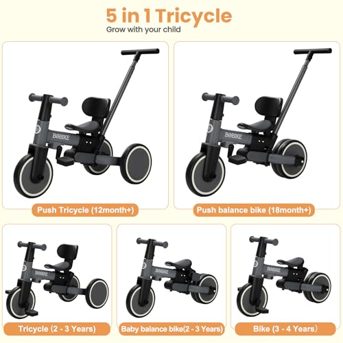 Bobike Toddler Bike with Push HandleTricycles for 1 to 3 Years Old Toddler Tricycle with Push Handle for Boy Girl Baby Balance Bike with Adjustable Seat Height and Removable Pedal Black - Image 5