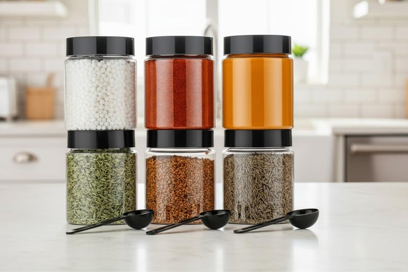 HomeWiz Airtight Kitchen Storage Containers Set of 6 (250 ML Each) | Unbreakable Transparent Plastic Masala Box Dabba for Spice, Cereal, Dry Fruits | Round Jars with Spoons | Kitchen Accessories items - Image 2