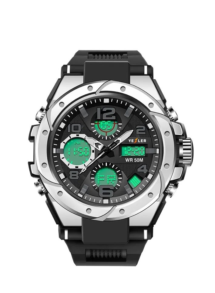 يزلر ساعة Yezler للرجال باللون الفضي الرياضية التكتيكية – ساعة رقمية مقاومة للماء مع توقيت مزدوج، ساعة بقاء خارجية مع موقت مضيء ومنبه إلكتروني قوي - Image 1