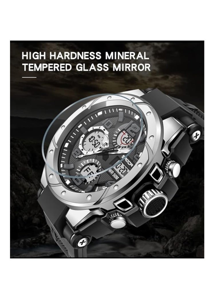 يزلر ساعة Yezler للرجال باللون الفضي الرياضية التكتيكية – ساعة رقمية مقاومة للماء مع توقيت مزدوج، ساعة بقاء خارجية مع موقت مضيء ومنبه إلكتروني قوي - Image 3