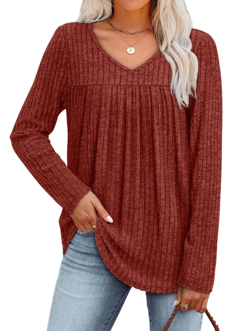 WIHOLL Womens Long Sleeve Shirts Early Fall Outfits for Women 2025 Fashion Clothing Business Casual Lightweight Sweaters Plus Size Fall Clothes Tops Winter Clothing Loose Fit Teacher Outfits Caramel 3XL - Image 2
