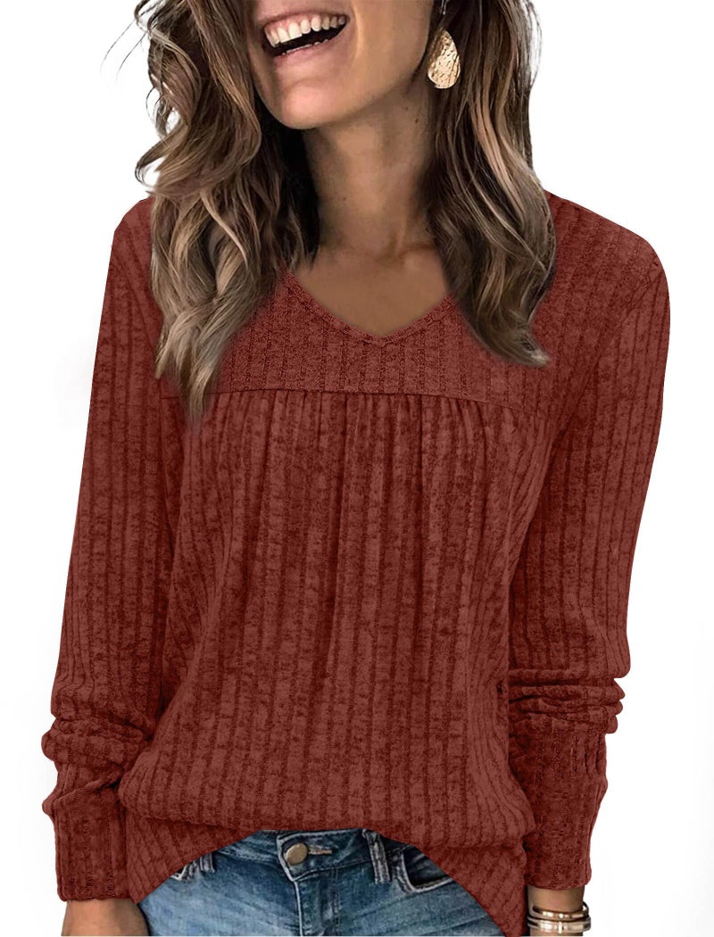 WIHOLL Womens Long Sleeve Shirts Early Fall Outfits for Women 2025 Fashion Clothing Business Casual Lightweight Sweaters Plus Size Fall Clothes Tops Winter Clothing Loose Fit Teacher Outfits Caramel 3XL - Image 1