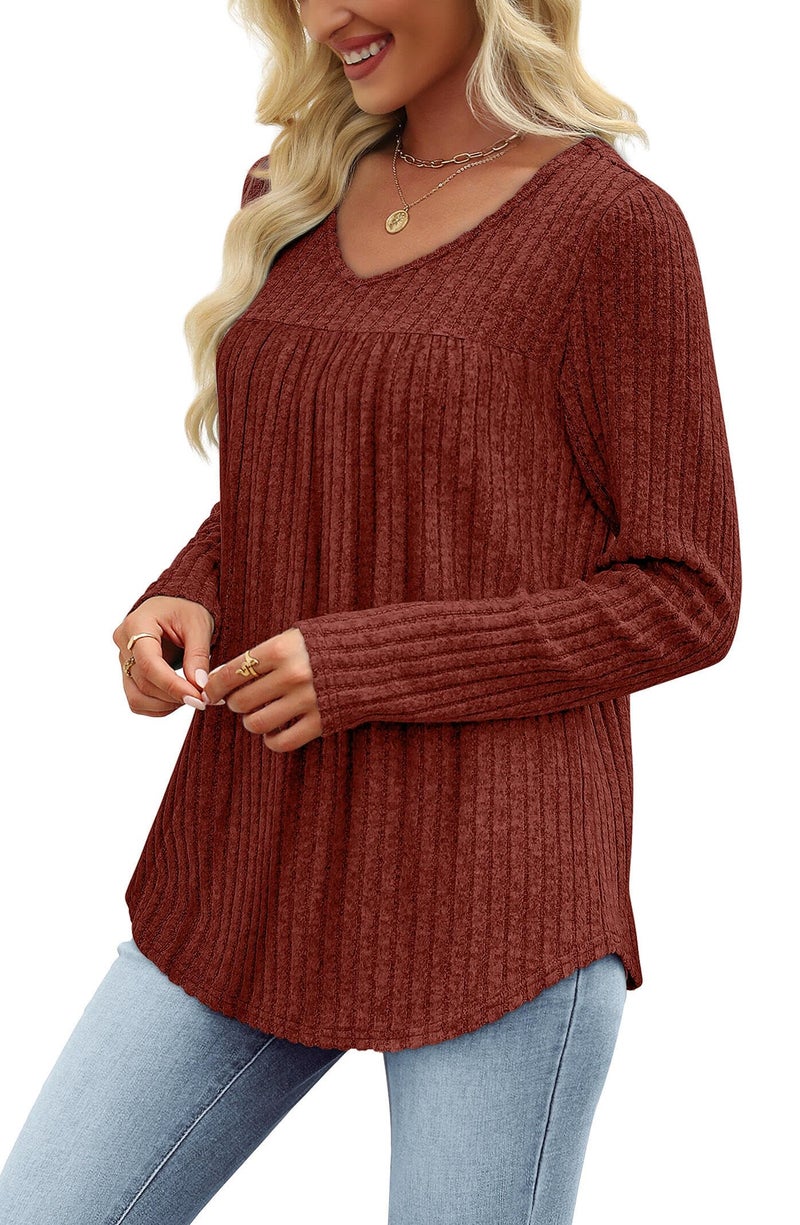 WIHOLL Womens Long Sleeve Shirts Early Fall Outfits for Women 2025 Fashion Clothing Business Casual Lightweight Sweaters Plus Size Fall Clothes Tops Winter Clothing Loose Fit Teacher Outfits Caramel 3XL - Image 4
