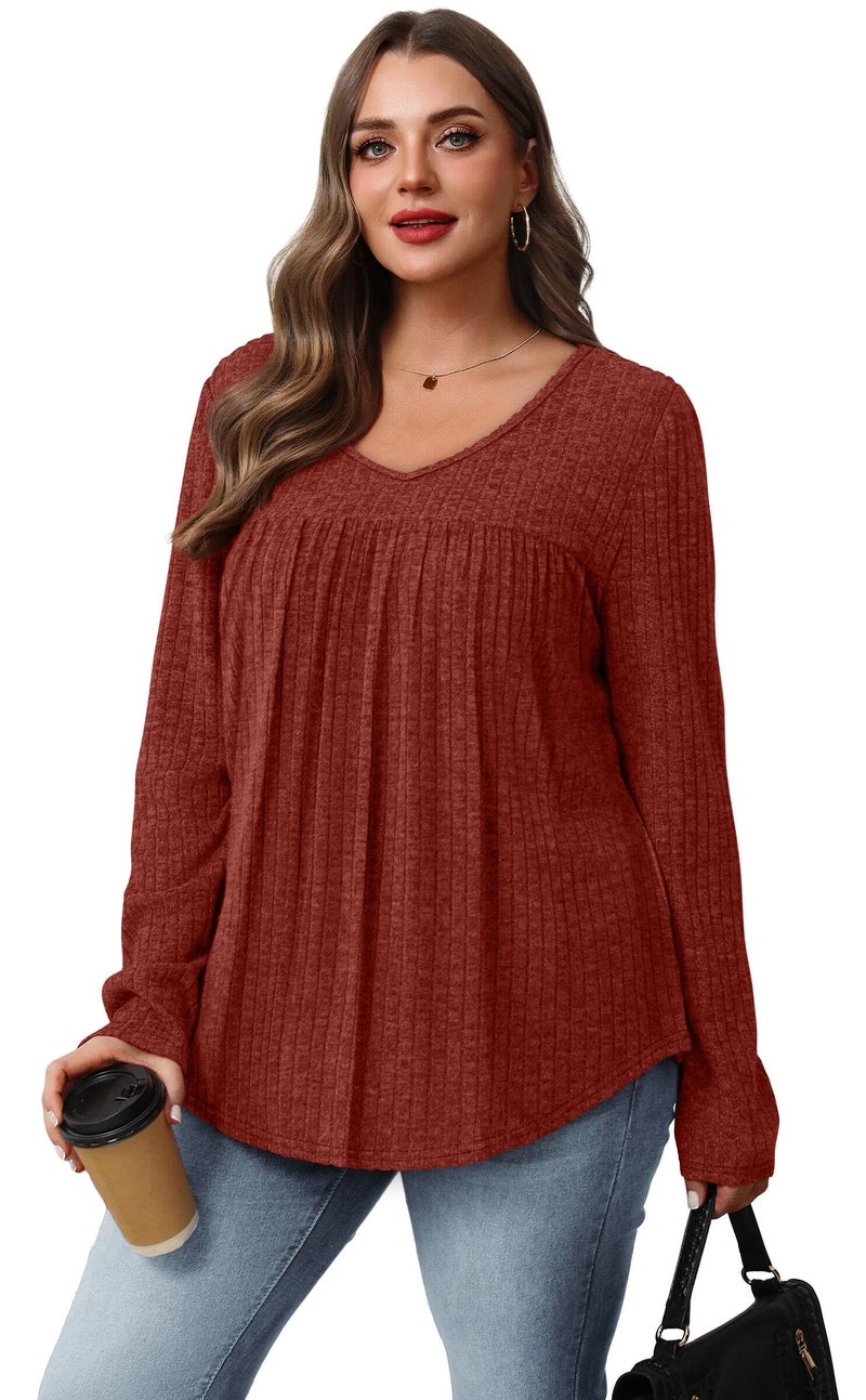 WIHOLL Womens Long Sleeve Shirts Early Fall Outfits for Women 2025 Fashion Clothing Business Casual Lightweight Sweaters Plus Size Fall Clothes Tops Winter Clothing Loose Fit Teacher Outfits Caramel 3XL - Image 3