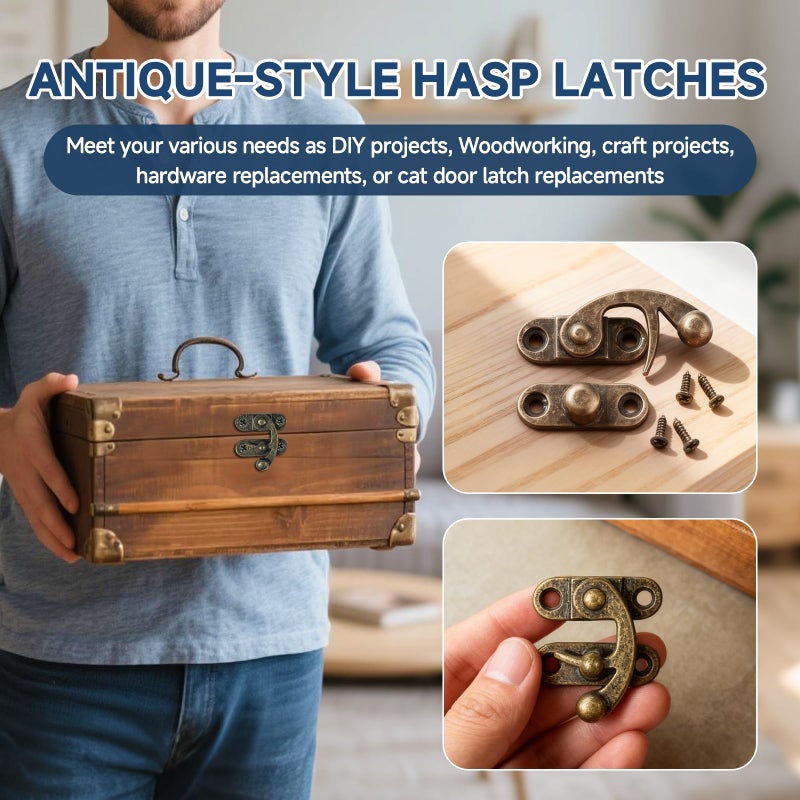 LEFTSTARER 24 Pieces Thickened Solid Hasp Latches Locks Hooks, Antique Vintage Decorative Hasp Latches with Screws for Jewelry Box Wooden Cabinet Door, Cat Door Gate, Zinc Alloy (Bronze-24pieces) - Image 3
