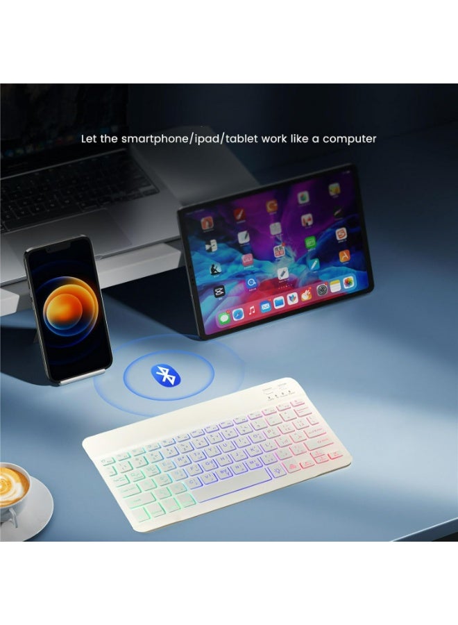 روك بو مجموعة لوحة مفاتيح وماوس بلوتوث رفيعة للغاية باللغة العربية الإنجليزية لجهاز iPad ولوحة مفاتيح وماوس لاسلكية قابلة لإعادة الشحن مع إضاءة خلفية 7 ألوان متوافقة مع iPad 11th/10th/iPad Air/iPad Pro/9th/8th Gen iPad Pro/Air/Mini iPhone14/13/12 Pro أيضًا لهاتف Samsung Galaxy Tab/xiaomi/Huawei/Honor - Image 2