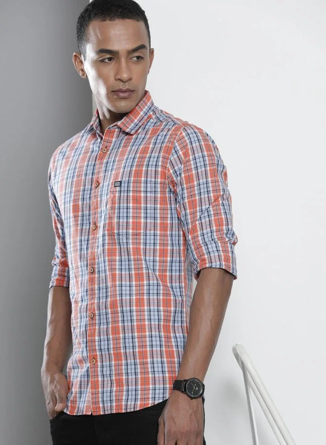 شركة المرآب الهندية Men Slim Fit Checkered Full Sleeves Spread Collar Casual Shirt
