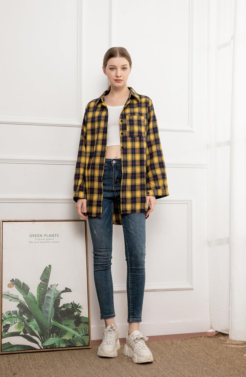 Minibee Women's Cotton Blouses Tops Plaid Long Sleeve High Low Button Down Shirts Tunic Yellow L - Image 2