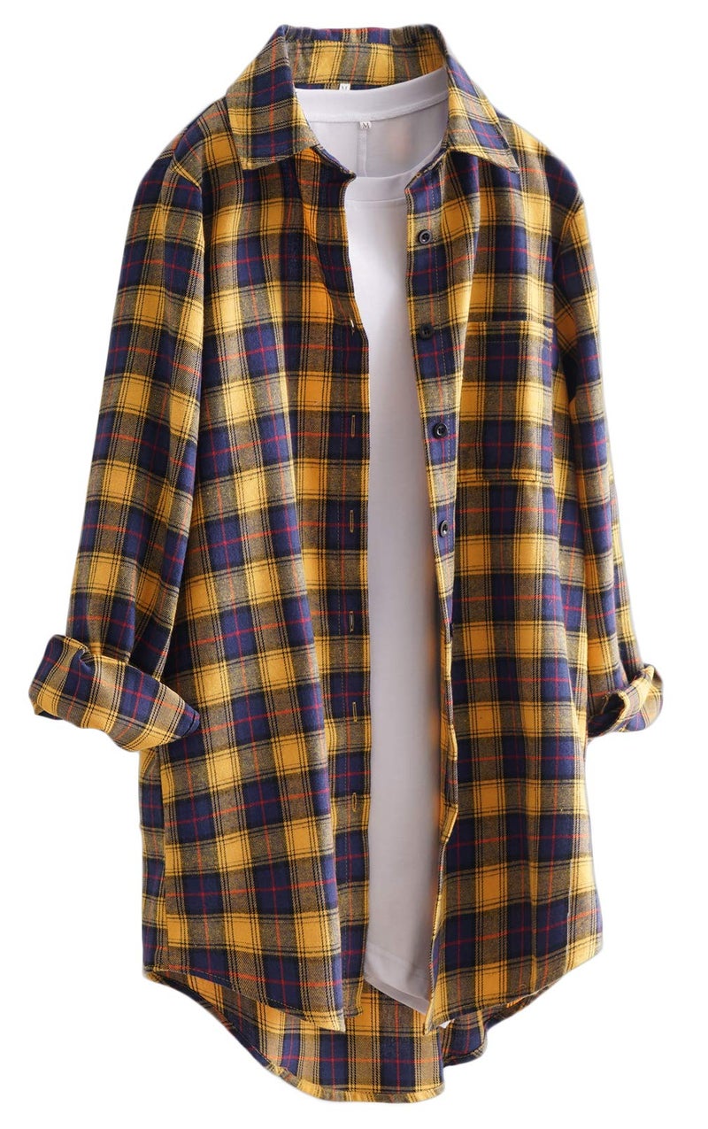 Minibee Women's Cotton Blouses Tops Plaid Long Sleeve High Low Button Down Shirts Tunic Yellow L - Image 1