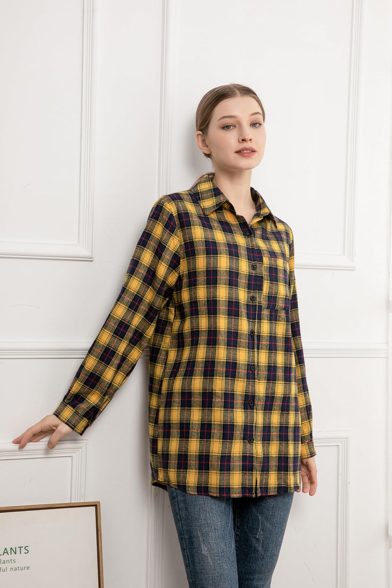 Minibee Women's Cotton Blouses Tops Plaid Long Sleeve High Low Button Down Shirts Tunic Yellow L - Image 3