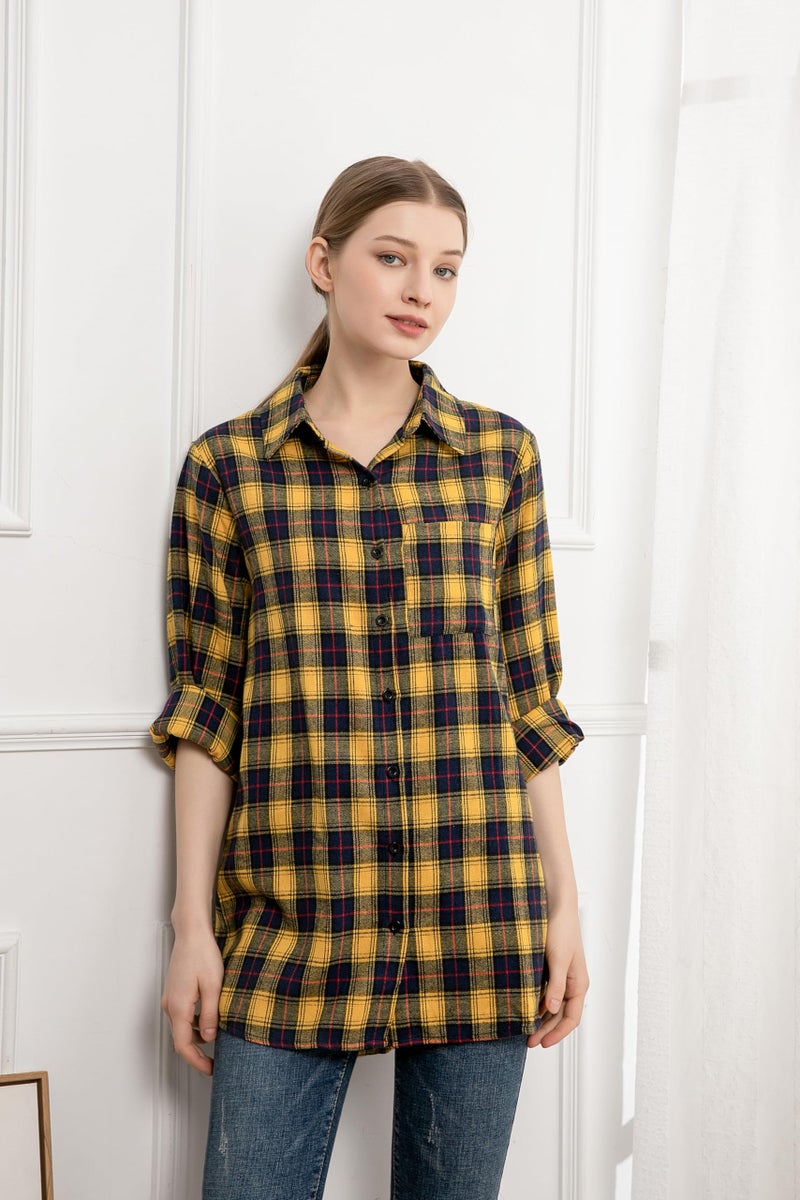 Minibee Women's Cotton Blouses Tops Plaid Long Sleeve High Low Button Down Shirts Tunic Yellow L - Image 5
