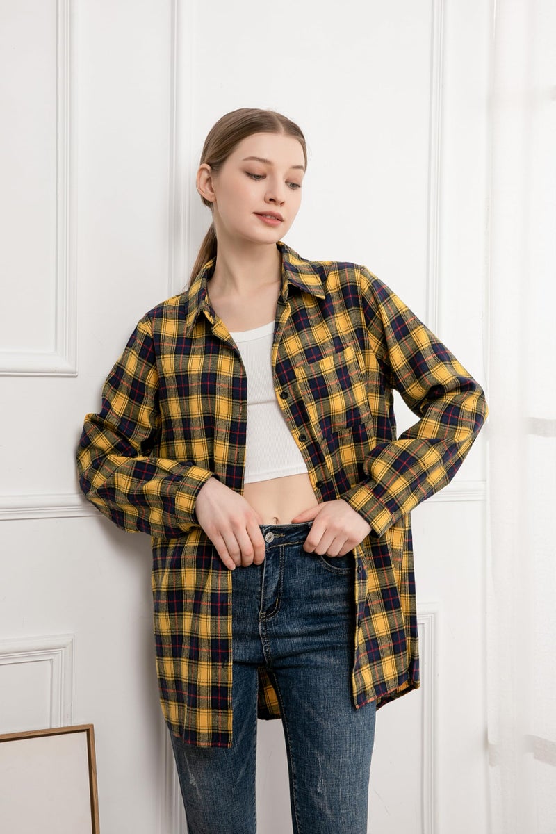 Minibee Women's Cotton Blouses Tops Plaid Long Sleeve High Low Button Down Shirts Tunic Yellow L - Image 4