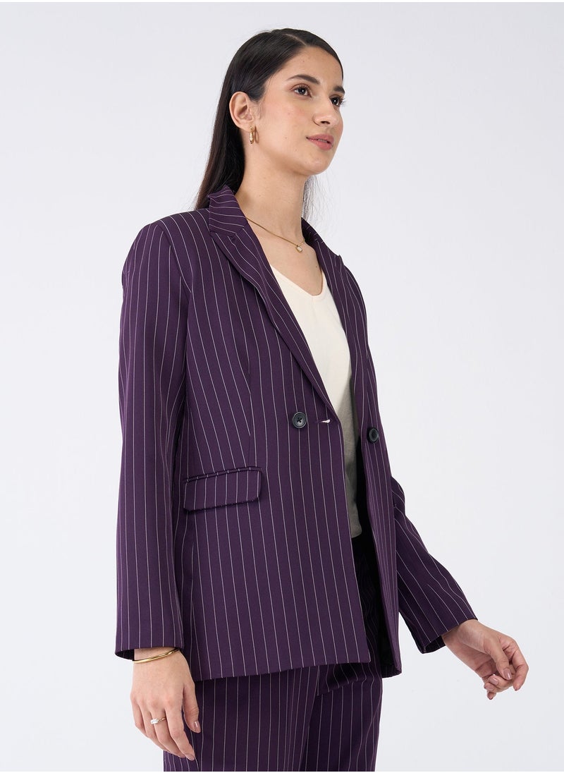 Salt Attire Women's Double Breasted Blazer in Bold Purple Stripes - Stylish Striped Design, Premium Fabric, Comfortable Fit, Perfect for Office & Casual Wear - Long-Sleeve Formal Blazer Jacket  - Image 2