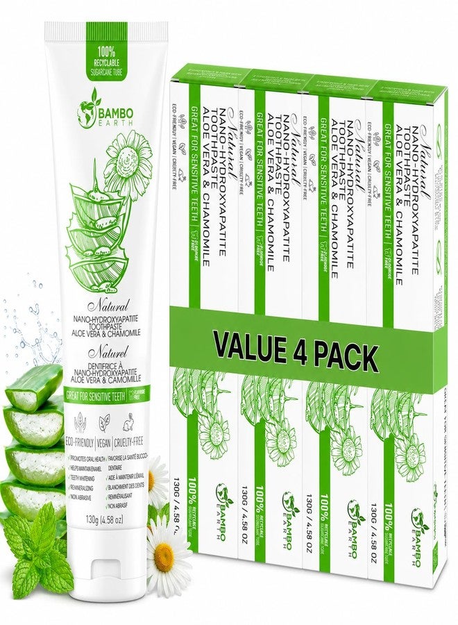BAMBOEARTH Natural Fluoride Free Toothpaste - Nano Hydroxyapatite, Remineralizing, Sensitive Teeth, Whitening & Zero Waste Tube - Dentist Recommended for Adult & Kids Oral Aloe Vera & Chamomile (4 Pack, Aloe - Image 1