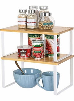 HomarKet Cabinet Organizer Shelf Set of 2 Kitchen Counter Shelves Kitchen Storage Spice Rack Stackable Expandable Metal and Engineered Wood White and Beige  - Image 1