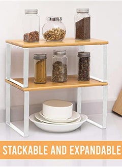 HomarKet Cabinet Organizer Shelf Set of 2 Kitchen Counter Shelves Kitchen Storage Spice Rack Stackable Expandable Metal and Engineered Wood White and Beige  - Image 5