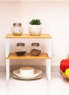 HomarKet Cabinet Organizer Shelf Set of 2 Kitchen Counter Shelves Kitchen Storage Spice Rack Stackable Expandable Metal and Engineered Wood White and Beige  - Image 3