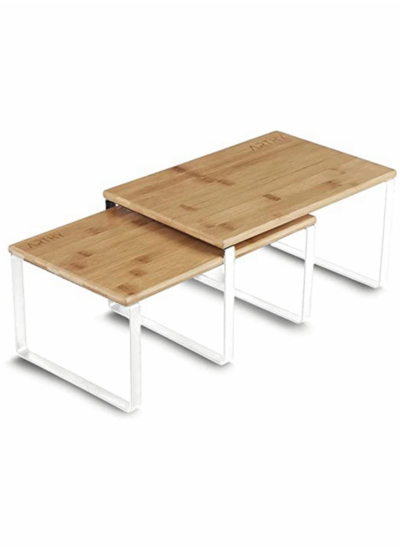 HomarKet Cabinet Organizer Shelf Set of 2 Kitchen Counter Shelves Kitchen Storage Spice Rack Stackable Expandable Metal and Engineered Wood White and Beige  - Image 2