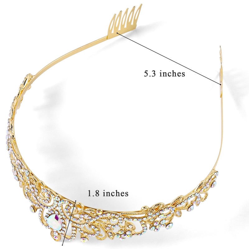 TAROSE Gold and Iridescent Crowns for Women, Queen Crystal Tiaras with Iridescent Rhinestone and Combs, Goddess Crown for Wedding Bride Birthday Princess Bridal Shower for Women - Image 2