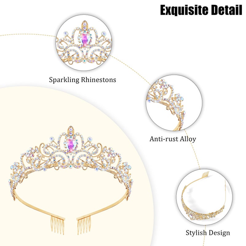 TAROSE Gold and Iridescent Crowns for Women, Queen Crystal Tiaras with Iridescent Rhinestone and Combs, Goddess Crown for Wedding Bride Birthday Princess Bridal Shower for Women - Image 4