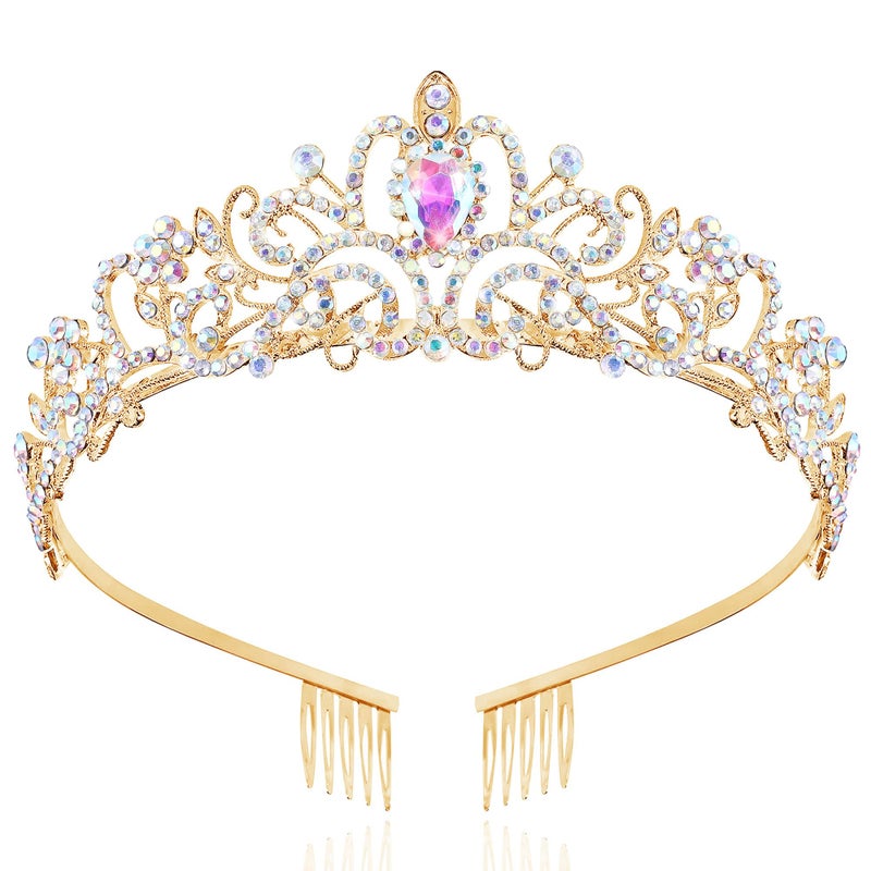 TAROSE Gold and Iridescent Crowns for Women, Queen Crystal Tiaras with Iridescent Rhinestone and Combs, Goddess Crown for Wedding Bride Birthday Princess Bridal Shower for Women - Image 1