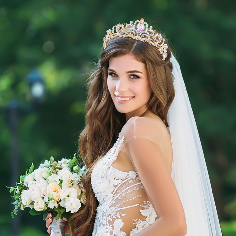 TAROSE Gold and Iridescent Crowns for Women, Queen Crystal Tiaras with Iridescent Rhinestone and Combs, Goddess Crown for Wedding Bride Birthday Princess Bridal Shower for Women - Image 5
