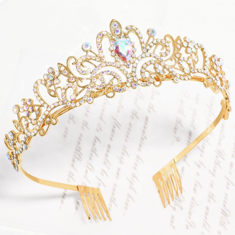 TAROSE Gold and Iridescent Crowns for Women, Queen Crystal Tiaras with Iridescent Rhinestone and Combs, Goddess Crown for Wedding Bride Birthday Princess Bridal Shower for Women - Image 3