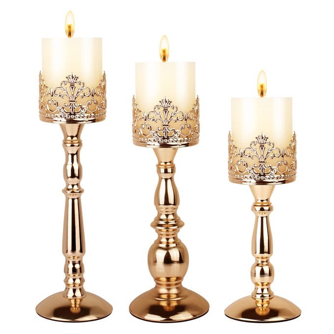 CANDLE HOLDERS FOR PILLAR CANDLES SET OF 3 GOLD VINTAGE TALL CANDLE HOLDERS DECORATIVE LARGE TABLE CENTERPIECES CANDLE STAND DECOR