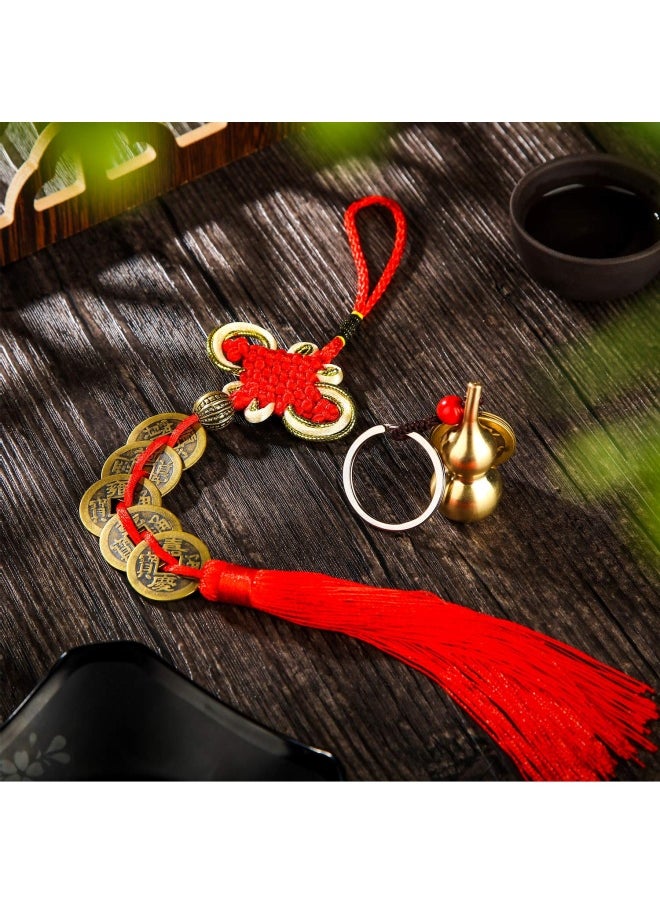 WILLBOND 2 Pieces Chinese Coins Feng Shui And Brass Wu Lou Health Amulet Gourd Keychain Chinese Knot Lucky Charms Red String 2024 For Good Luck Fortune Wealth Health Success To Friends Families Lovers  - Image 3