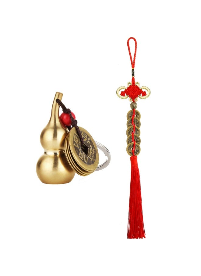WILLBOND 2 Pieces Chinese Coins Feng Shui And Brass Wu Lou Health Amulet Gourd Keychain Chinese Knot Lucky Charms Red String 2024 For Good Luck Fortune Wealth Health Success To Friends Families Lovers  - Image 1