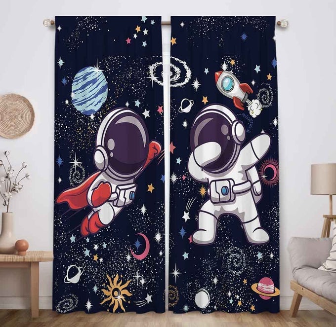 SPACE ASTRONAUT WINDOW CURTAINS PLANETS ROCKETS COSMONAUTS SHUTTLES COSMIC ADVENTURE HOME DECOR ROD POCKET DARKENING DRAPES FOR KIDS BOYS BEDROOM LIVING ROOM 82 IN X 84 IN