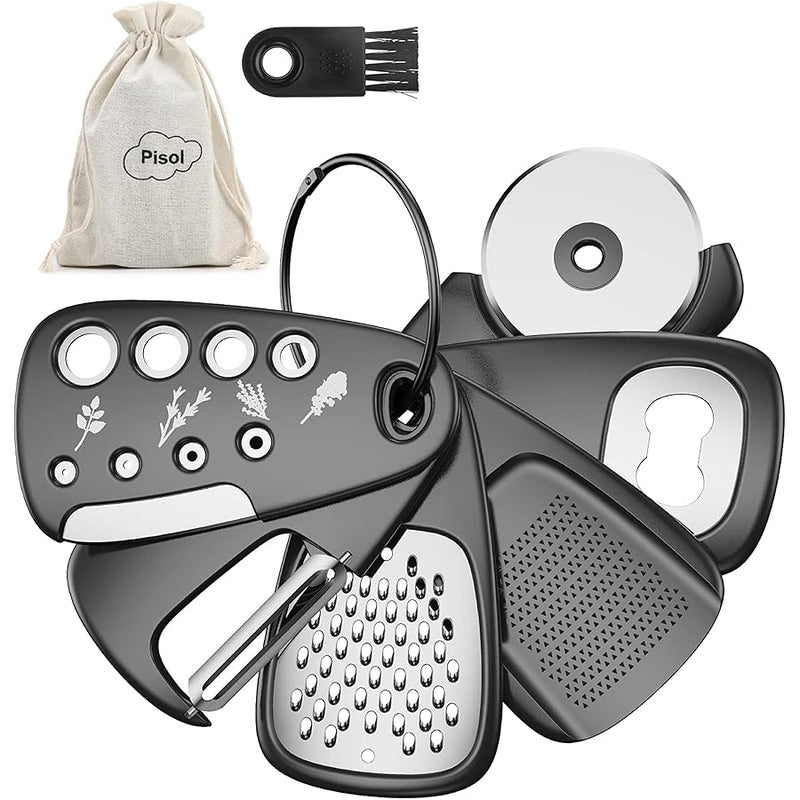 Pisol Kitchen Unique Gadgets Set 6 Pieces, Space Saving, Cheese Grater, Bottle Opener, Fruit Vegetable Peeler, Pizza Cutter, Garlic Ginger Grinder, Herb Stripper Gift Set - Image 1