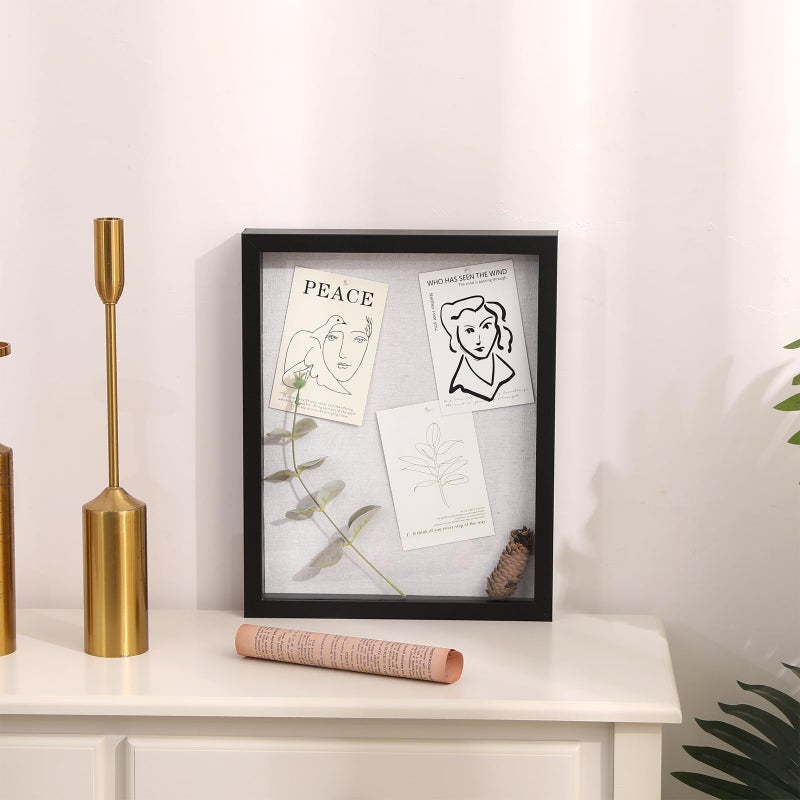 Muzilife إطار صورة صندوق ظل 8x10 من موزيلايف مع لوح كتان - صندوق عرض خشبي عميق وزجاج مقسى لتخزين الذكريات، تذكارات رياضية، دبابيس، جوائز، ميداليات، حفلات زفاف، تذاكر وصور (أسود) - Image 2