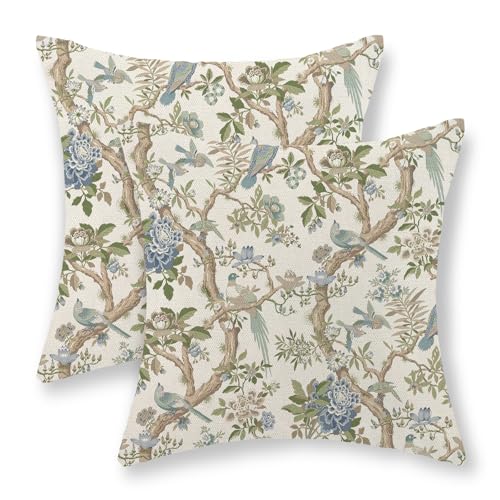 GOLIANDA Chinoiserie Pillow Covers 18x18 Set of 2 Blue Green Bird Floral Throw Pillows Vintage Blue Flowers Decorations Outdoor Pillowcase Chinoiserie Decor Farmhouse Linen Cushion Case for Couch Home - Image 1