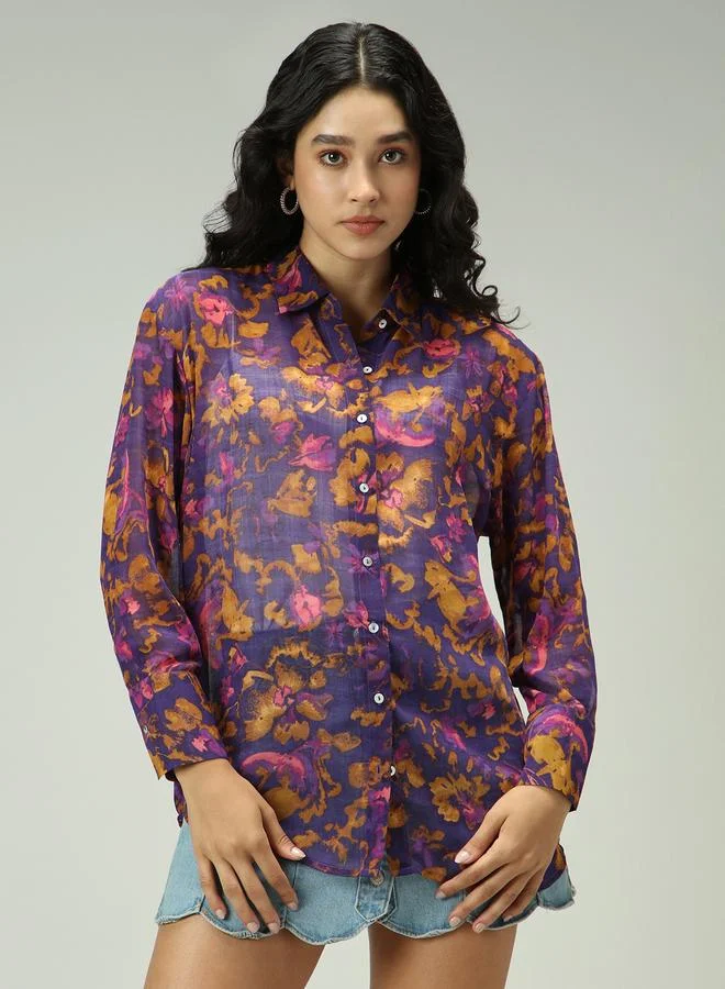 Outzidr  Purple All Over Print Longline Shirt for Women | Best Price UAE