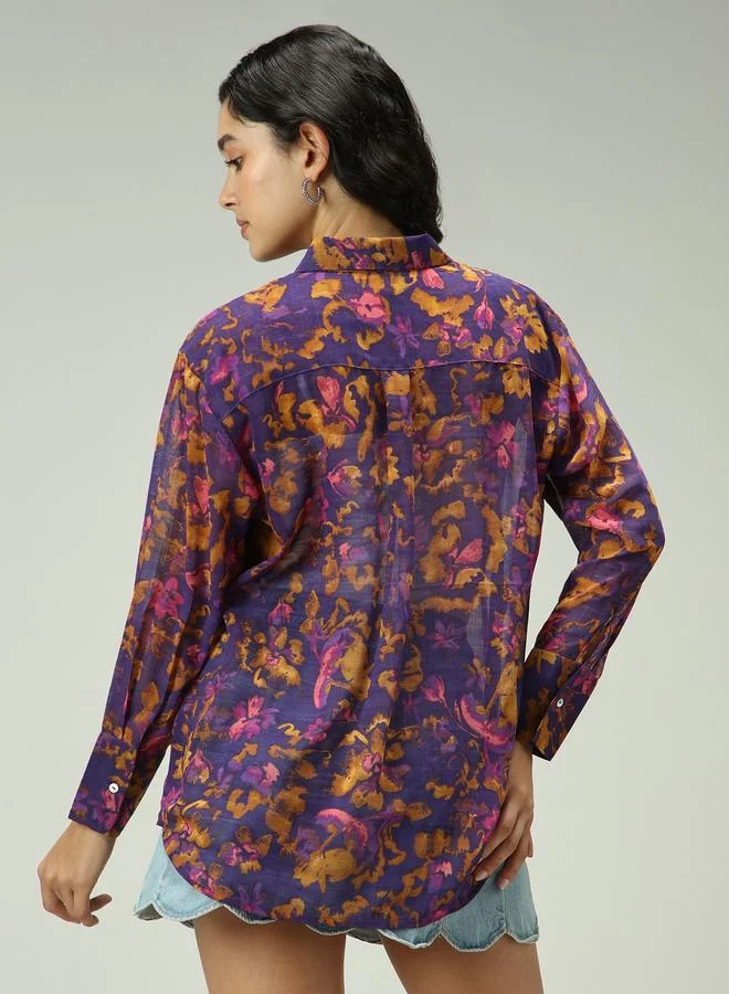 Outzidr  Purple All Over Print Longline Shirt for Women | Best Price UAE