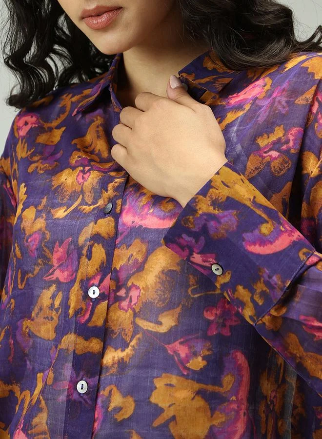 Outzidr  Purple All Over Print Longline Shirt for Women | Best Price UAE