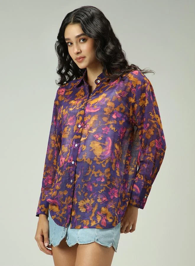Outzidr  Purple All Over Print Longline Shirt for Women | Best Price UAE