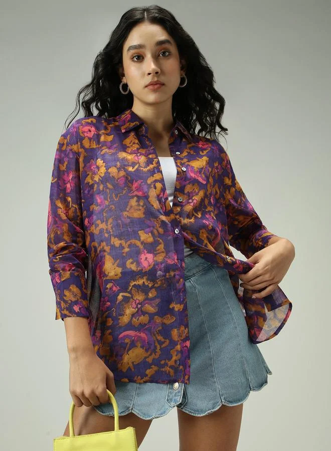 OUTZIDR Purple All Over Print Longline Shirt