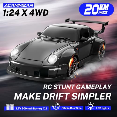 ACAMMZAR RC Drift Car 124 Remote Control Car for Kids 20KMH 4WD High Speed RC Cars with Lights Extra Racing Tires Vehicle for Adults Boys Girls Black - Image 5