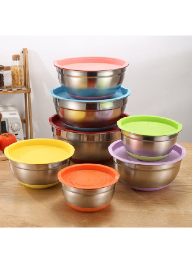 Thickened Stainless Steel Egg Basin With Lid Non-slip Color Silicone Bottom With Scale Baked Sala Bowl Mixing Basin-Specifications:Black Silicone Bottom (with Lid)-Color:20cm