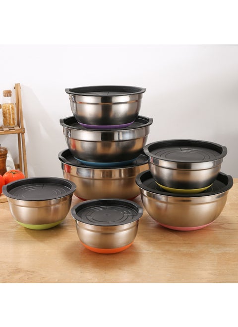Thickened Stainless Steel Egg Basin With Lid Non-slip Color Silicone Bottom With Scale Baked Sala Bowl Mixing Basin-Specifications:Black Silicone Bottom (with Lid)-Color:20cm
