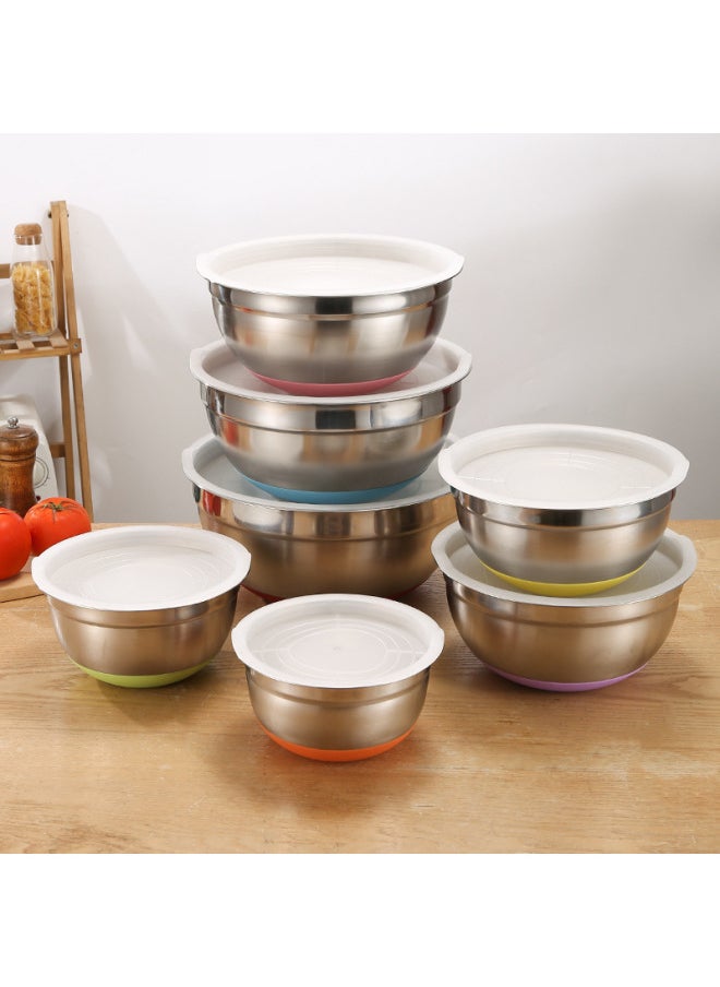 Thickened Stainless Steel Egg Basin With Lid Non-slip Color Silicone Bottom With Scale Baked Sala Bowl Mixing Basin-Specifications:Black Silicone Bottom (with Lid)-Color:20cm