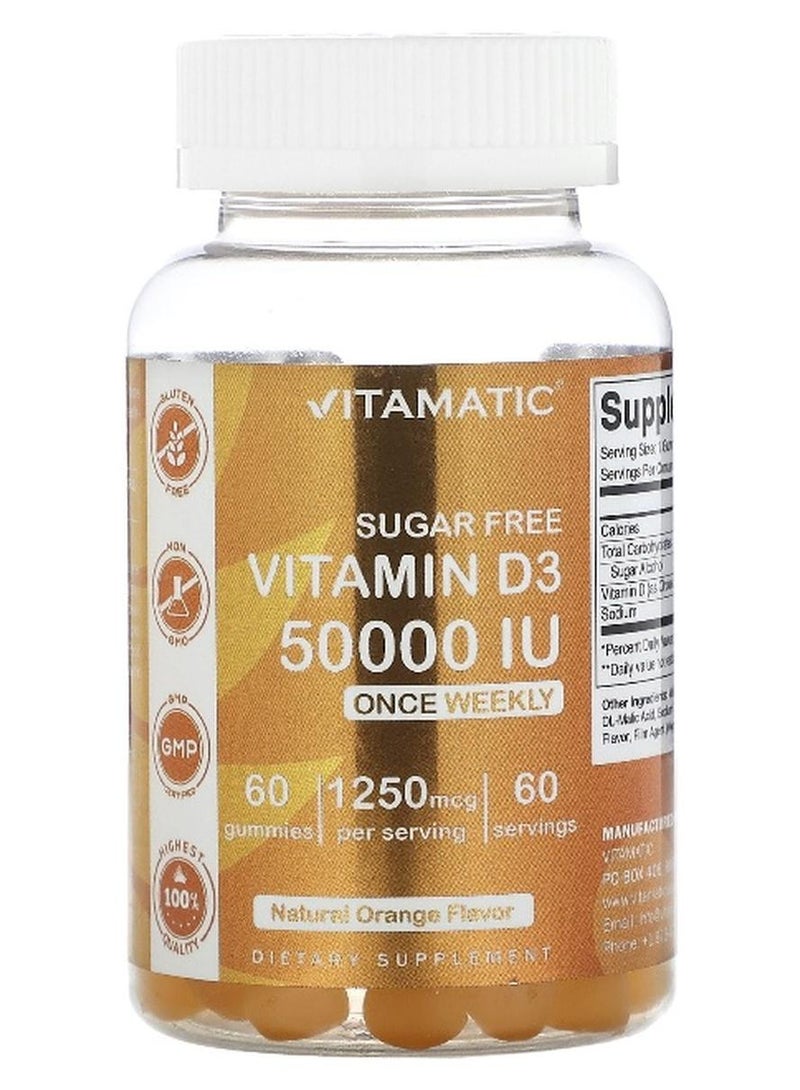 Vitamatic, Sugar Free Vitamin D3, Natural Orange, 1,250 mcg (50,000 IU), 60 Gummies (Packaging may vary) - Image 1
