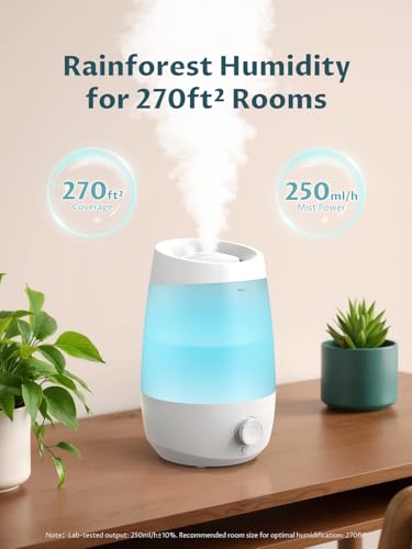 BREEZOME 2.5L Top Fill Humidifiers for Bedroom, 250ml/h Mist Output, 25hrs Humidifiers for Home, 7 Adjustable LED, Essential Oil Diffuser, 25dB Ultrasonic Humidifier for Baby and Indoor Plants, White - Image 2