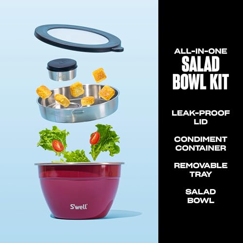 S'well Stainless Steel Salad Bowl Kit 64oz, Wild Cherry, Comes with 2oz Mini Canister and Removable Tray for Organization, Leakproof, Easy to Clean, Dishwasher Safe - Image 2