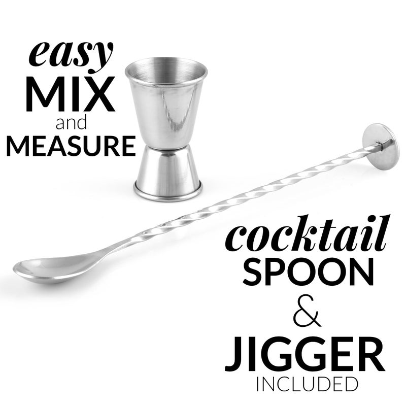 Zulay Kitchen 24oz Stainless Steel Cocktail Shaker Set â€“ Professional Martini & Margarita Shaker with Built-in Strainer, Double-Sided Jigger, Muddler & Mixing Spoon â€“ Bartender Kit for Mixed Drinks - Image 5