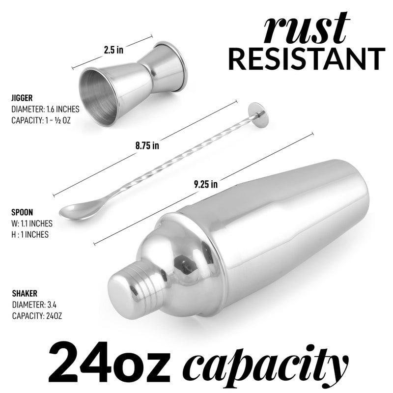 Zulay Kitchen 24oz Stainless Steel Cocktail Shaker Set â€“ Professional Martini & Margarita Shaker with Built-in Strainer, Double-Sided Jigger, Muddler & Mixing Spoon â€“ Bartender Kit for Mixed Drinks - Image 4