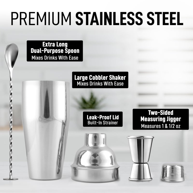 Zulay Kitchen 24oz Stainless Steel Cocktail Shaker Set â€“ Professional Martini & Margarita Shaker with Built-in Strainer, Double-Sided Jigger, Muddler & Mixing Spoon â€“ Bartender Kit for Mixed Drinks - Image 2