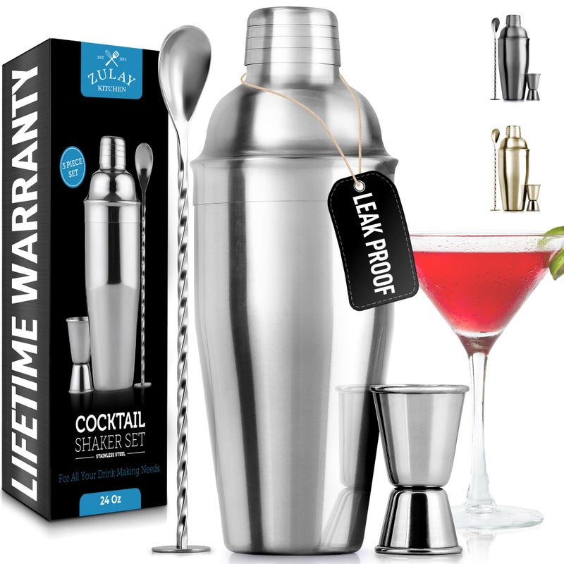 Zulay Kitchen 24oz Stainless Steel Cocktail Shaker Set â€“ Professional Martini & Margarita Shaker with Built-in Strainer, Double-Sided Jigger, Muddler & Mixing Spoon â€“ Bartender Kit for Mixed Drinks - Image 1